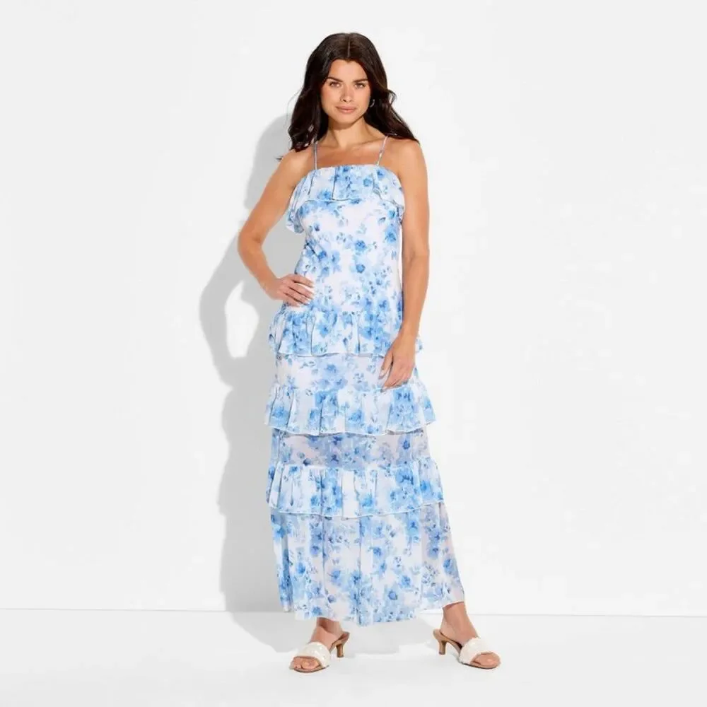 Women's Flounce Tiered Maxi A-Line Dress - Wild Fable White Floral S